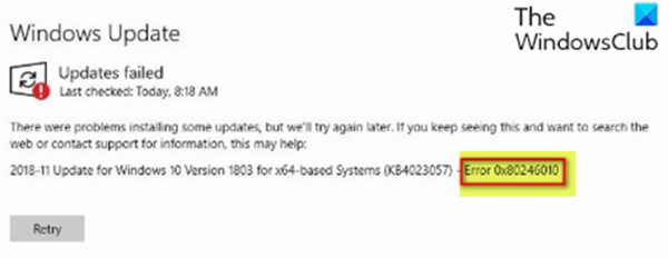 Erreur de mise à jour Windows 0x80246010