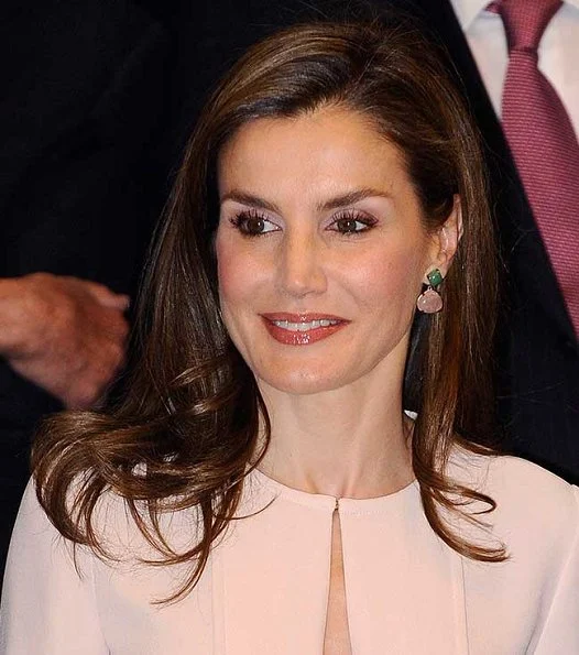 Queen Letizia wore Hugo Boss Diblissea Dress and UTERQUE Leather Belt with Dragonfly Buckle, Jewels Coolook Sarin Earrings