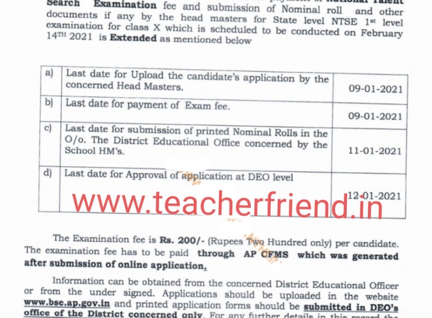 AP NTSE fee and submission of Nominal roll due dates for payment