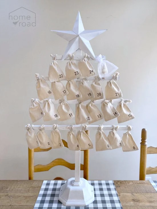 Large wooden advent calendar with muslin numbered bags