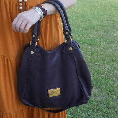 kmart amber jersey tiered midi dress with Marc By Marc Jacobs Classic Q Fran bag with gold hardware in carob brown | awayfromblue