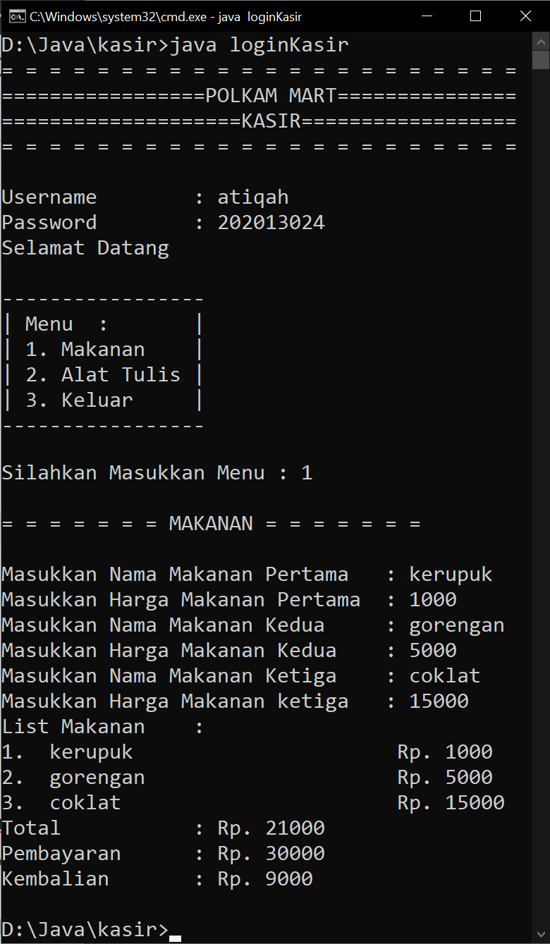 Program Kasir Menggunakan Percabangan dalam Bahasa Java
