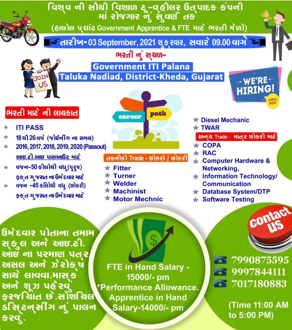 Hero MotoCorp Limited Recruitment | ITI Campus Placement On September 2021 at Govt. ITI Palana, Kheda, Gujarat