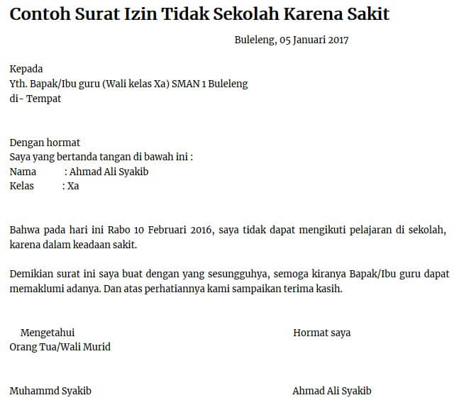 Contoh Surat Izin Tidak Masuk Sekolah Karena Sakit Anak Sd