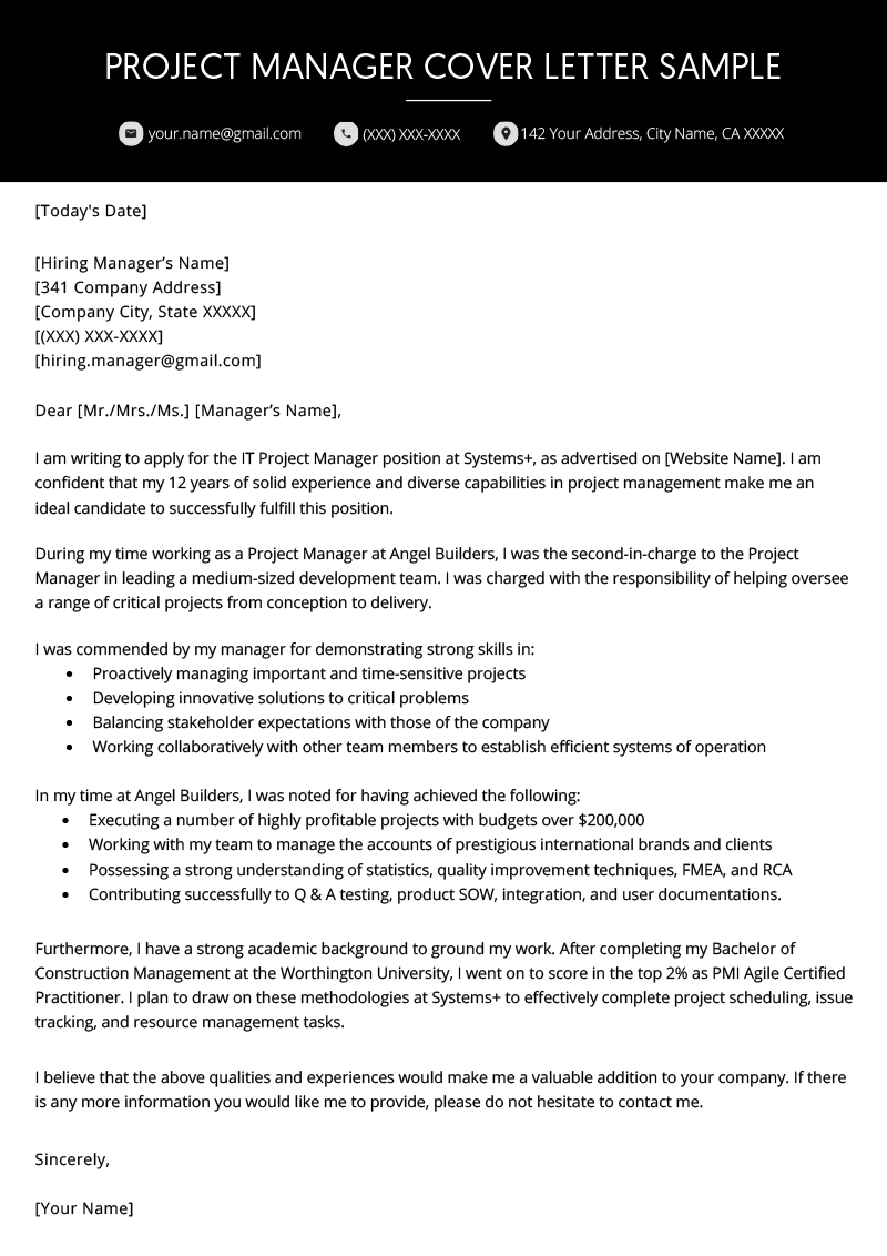 junior project manager cover letter example