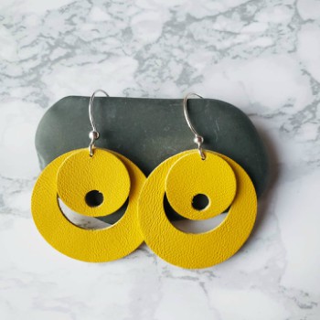 earrings, circle earrings, yellow, leather, accessories