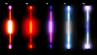 Soy gazların ürettiği renkler (soldan sağa: helyum, neon, argon, kripton ve ksenon.