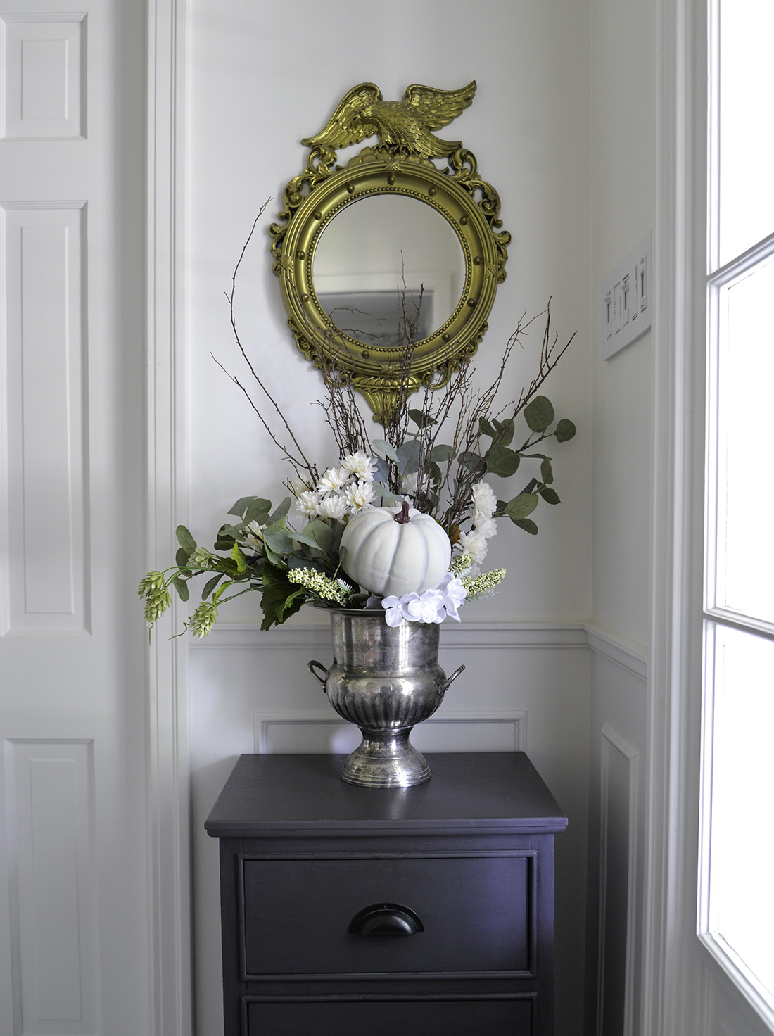 fall flower arrangement, fall flowers and pumpkin, diy fall flower arrangement