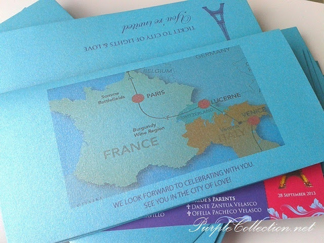 paris, eifel tower, pearl light blue card, boarding pass wedding card, malaysia, kuala lumpur, handmade