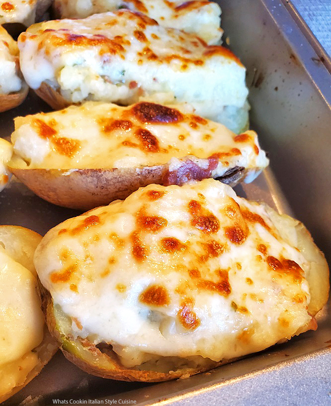 this is a recipe on how to make twice baked potatoes with cream cheese bacon, provolone cheese and filled the jackets with this and baked again