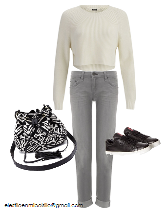 vaquero gris + sudadera top cropeed + snekears