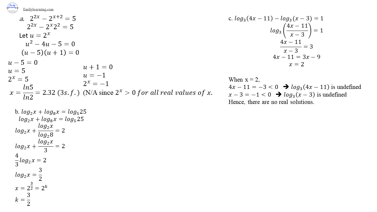 O level additional mathematics specimen paper 2 question 9 :Solving equations involving exponential and logarithmic functions