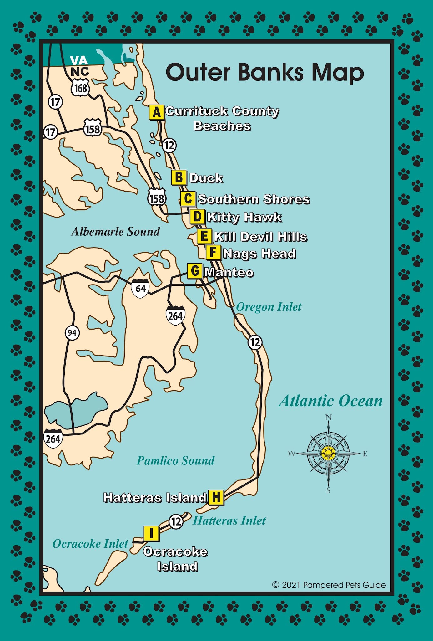 Obx Map Of Towns Pampered Pets Guide : Outer Banks Map - Islands, Towns & Villages