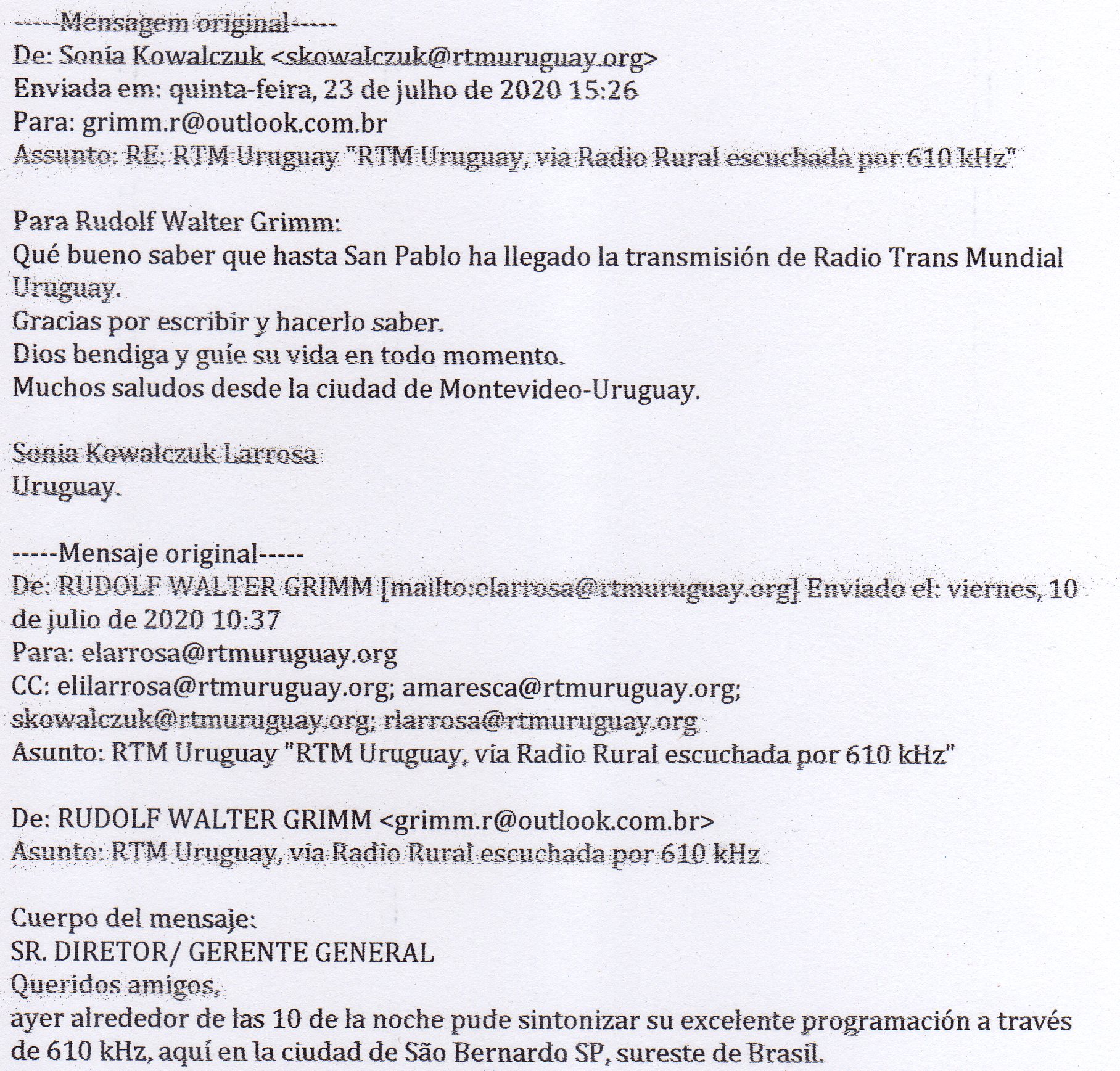 DXwaysbr Confirmação recebida 610 kHz Radio Trans Mundial Uruguay