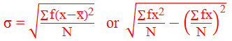 Formula of standard deviation by direct method for discrete or continuous series.