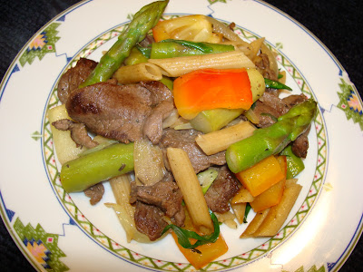 SAUTE FLANK STEAK WITH ASPARAGUS AN WHOLE GRAIN PENNE PASTA PORTIONS: 3 INGREDIENTS ½ lb. whole grain penne pasta cooked 1 lb. asparagus 2 tbsp. olive oil 1 onion cut in julienne 2 chopped garlic cloves 1 lb. flank steak or sirloin cut in thin slices 1 cup washed, sliced scallions  ¾ tbsp. salt ¼ tsp. fresh thyme leaves ¼ tsp. ground black pepper PREPARATION In a pot with boiling water cook the pasta al dente. Strain the water off, cool the pasta with cold water and strain again. Peel the asparagus at back end, removing the hard fiver. In a container with boil water cook the asparagus at your taste, and cool it with cold water to retain the green color on it.. (Better al dente) With a paper towel dry well the sliced beef. Heat up a frying pan with 1 tbsp oil and saute together the onions with the garlic and put it in a container temporarily Heat up the pan with the other tablespoon  of oil and when it starts smoking add the beef and brown it. Add to the beef, scallions, salt, thyme leaves, black pepper, pasta and asparagus. Heat up well and serve.