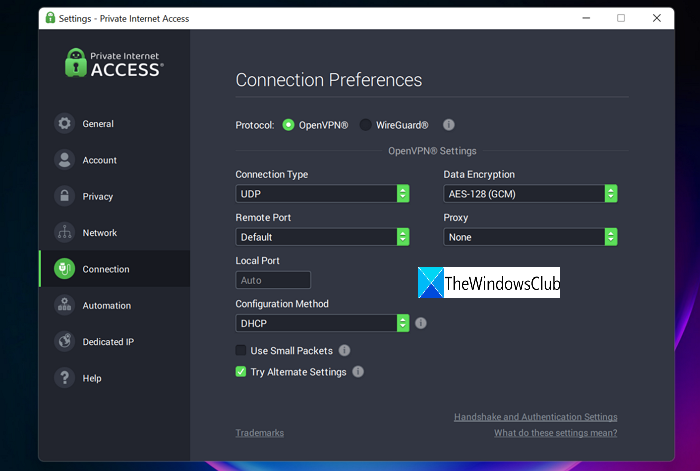 Preferenze di connessione PIA