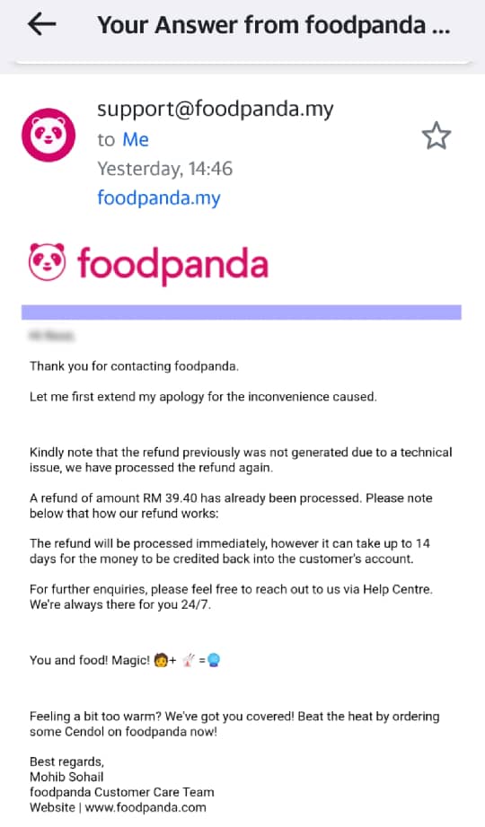 Akhirnya Dapat Duit Refund Dari FoodPanda