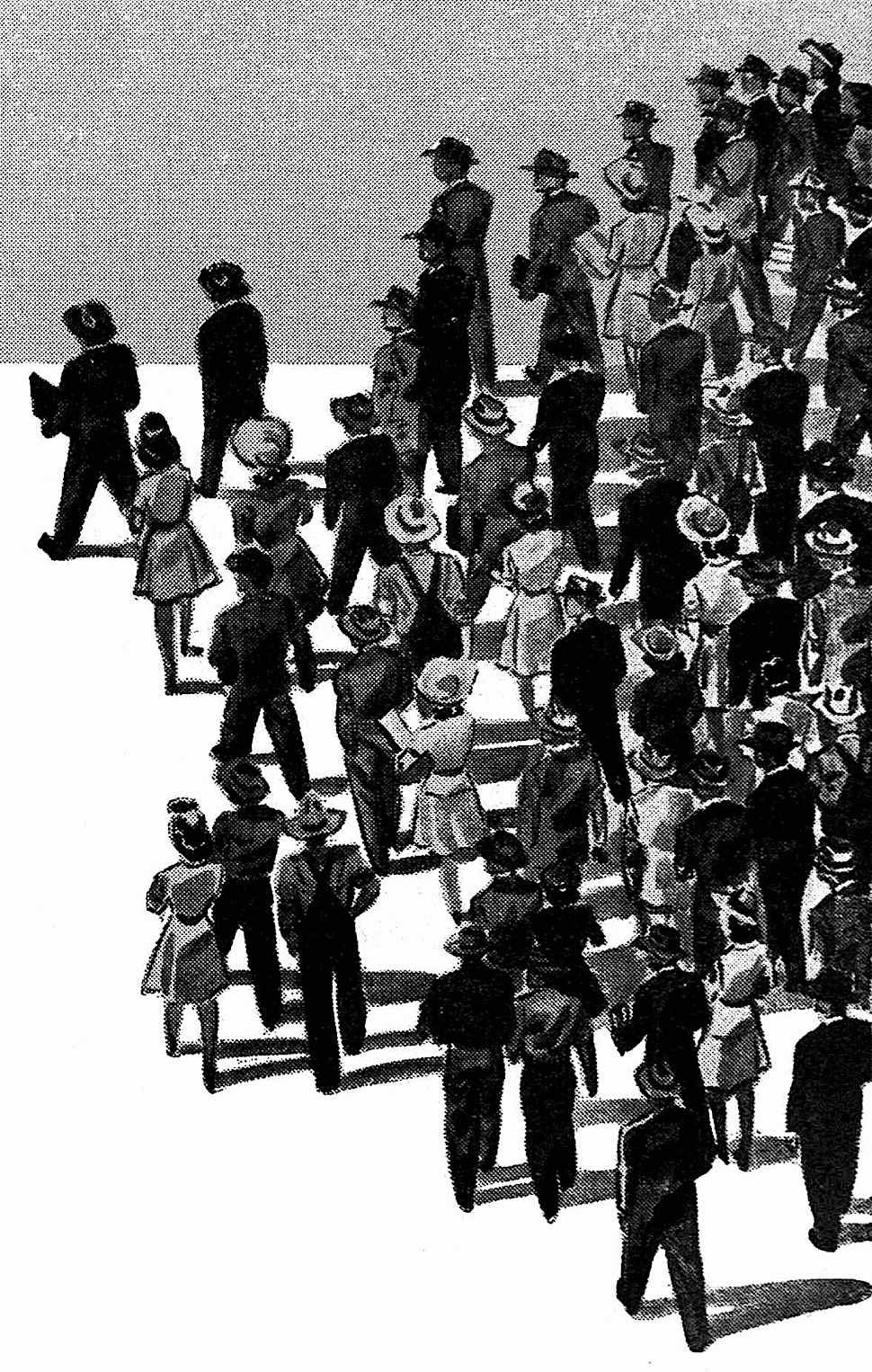 1946 illustration a 1946 illustration of men and women walking as a crowd