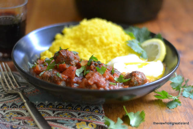 meatball, tomato and egg tagine with lemon saffron couscous