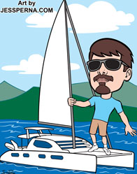 Catamaran and Man Cartoon Art