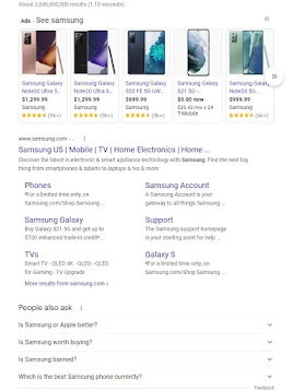 A google search page showing various Samsung Phones.