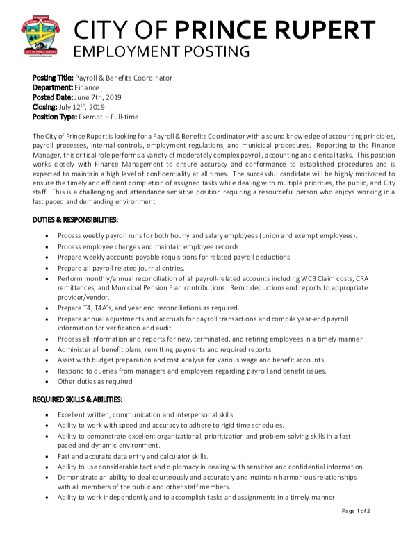 North Coast Review City's job posting seeks payroll and benefits