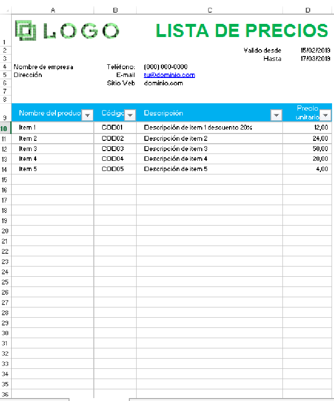 Excel Cursos Y Plantillas Contables Plantilla De Lista De Precios