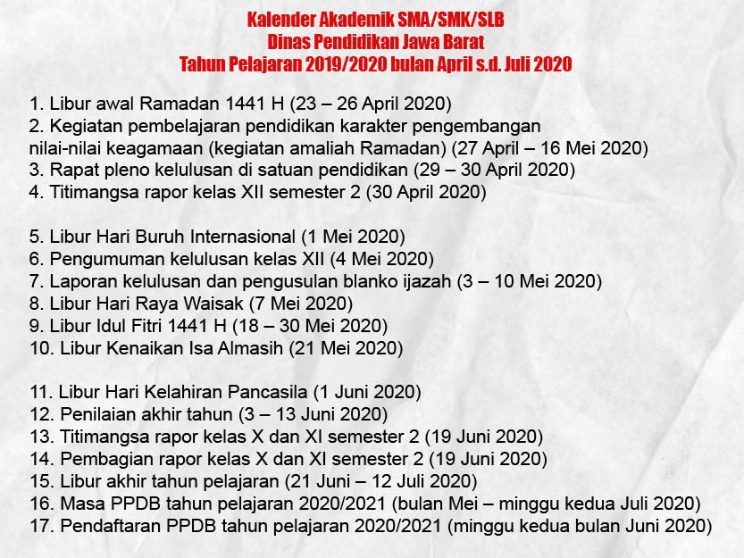 Kalender Akademik Sma Smk Di Jawa Barat Tahun Pelajaran 2019 2020 Bulan April Juli 2020