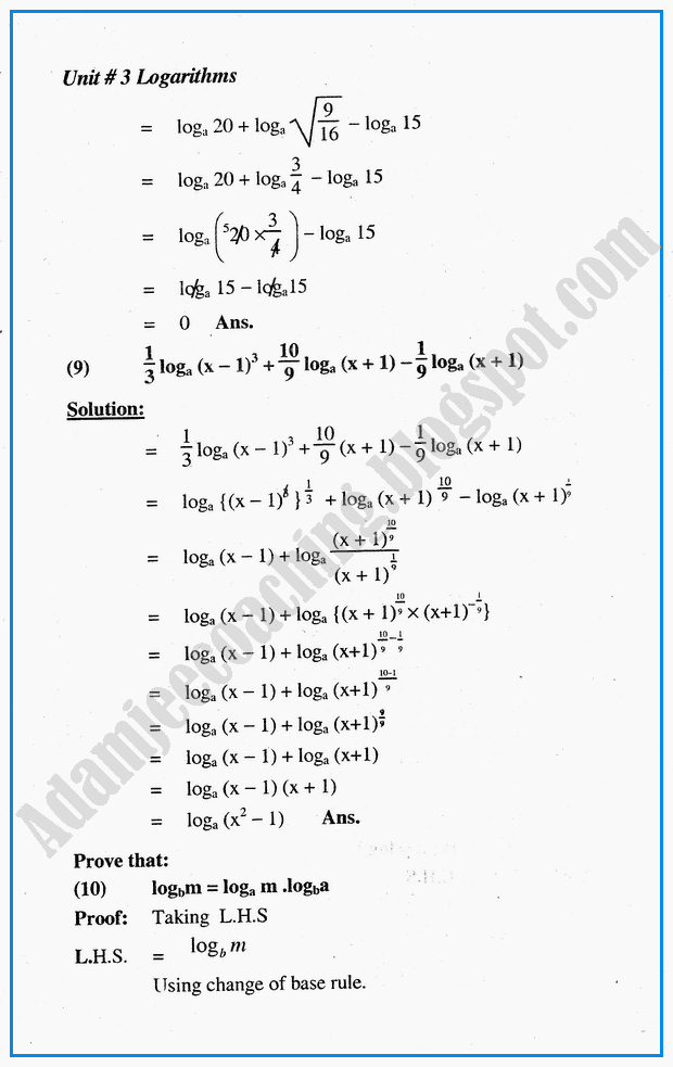 Adamjee Coaching Exercise 3.3 Logarithms Mathematics Notes for