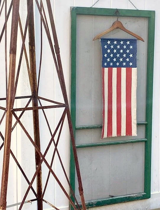 Painted drop cloth American flag on screen door