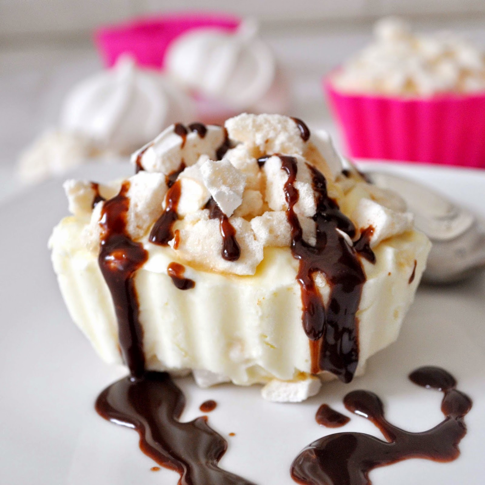 Cooking with Manuela Frozen Meringue Cups Drizzed with Hot Chocolate Sauce