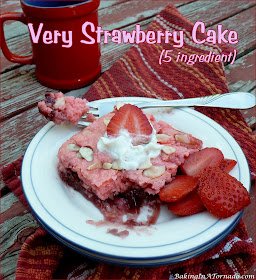 Very Strawberry Cake has only 5 ingredients and comes together in minutes. Mix, layer, and bake. Serve with powdered sugar, whipped cream or fresh strawberries.| Recipe developed by www.BakingInATornado.com | #recipe #cake