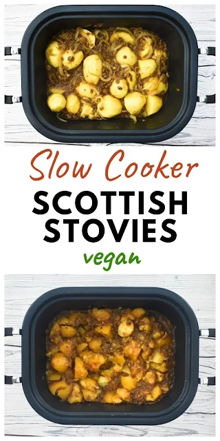 A traditional Scottish recipe for stovies, which are a tatties (potatoes) and mince stew with a delicious rich gravy. This recipe is made with veggie mince which is suitable for vegetarians and vegans. #slowcookerstovies #veganstovies #stovies #vegetarianstovies #slowcookerstew #veganstew #vegancasserole #vegetarianstew #vegetariancasserole #veganslowcookerrecipes #vegetarianslowcookerrecipes #crockpotstew #crockpotcasserole #crockpotstovies #scottishrecipes 