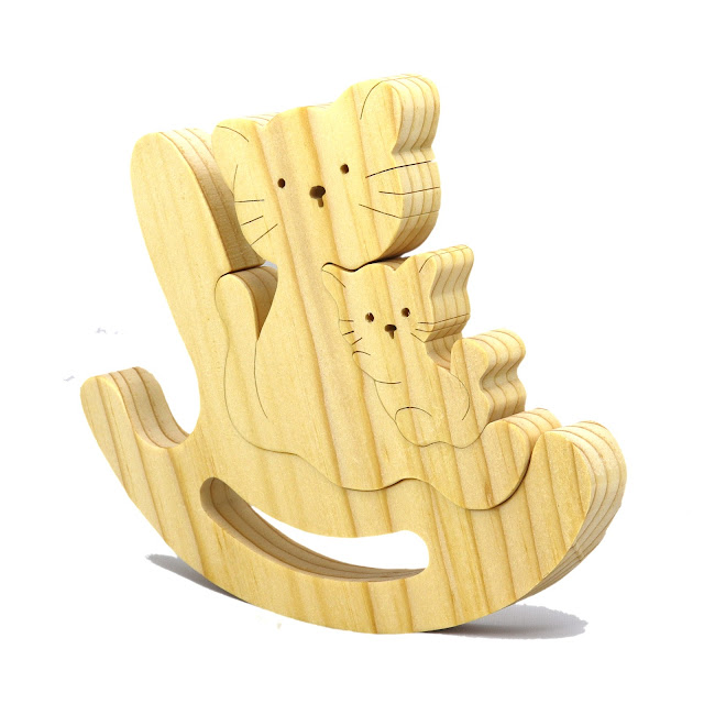 Handmade Wood Puzzle Cat Kitten Rocker Cute Simple Three-Part Puzzle Wooden Animal Toy