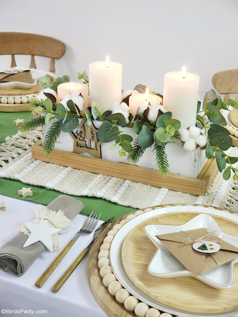 Neutral Farmhouse Christmas Tablescape with Easy DIY Décor - quick and easy re-purposed décor that's also budget friendly for a cozy Holiday table! by BIrdsParty.com @birdsparty #diy #table #tablescape #Christmas #Christmastable #Christmastablescape #neutralfarmhouse #farmhousetable #farmhousedecor #neutraldecor #neutralChristmas #neutralChristmastablescape #naturalChristmas #naturaldecor #Holidaytablescape #farmhouse