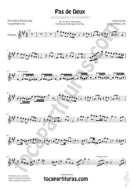1  Clarinete Partitura de Pas de Deux Sheet Music for Clarinet Music Score La Mayor / A Major Tonalidad Original PDF/MIDI de Clarinete
