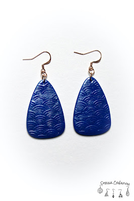 Boucles oreilles pâte polymère plaque de texture Mokume Gane Bleu Sahara Feuilles métallique bleues Cernit Fimo Stenna Création