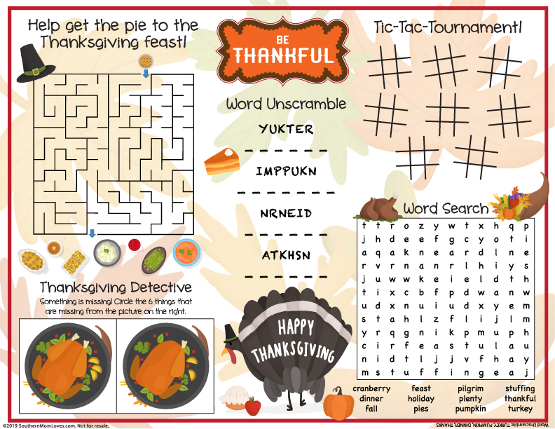 Southern Mom Loves Thanksgiving Games Placemat for Your Kids' Table