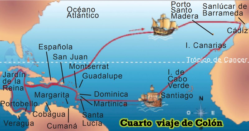 Mapa Con Los Cuatro Viajes De Cristobal Colon hojasdetrabajopara.blogspot.com