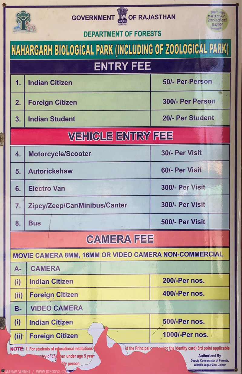 Ticket price list Nahargarh Zoological, Jaipur.