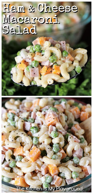 Ham & Cheese Macaroni Salad ~ Made with just a few basic ingredients, this simple macaroni salad is easy to pull together & loaded with flavor. Perfect for potlucks & summer cookouts. Not to mention, a great dish for enjoying that leftover ham, too!  www.thekitchenismyplayground.com