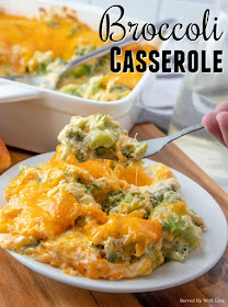 Cheesy and Creamy Broccoli Casserole on white plate on fork