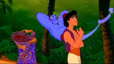 Aladdin pondering his wishes in Aladdin 1992 //animatedfilmreviews.filminspector.com/2012/12/aladdin-1992-king-of-genies.html