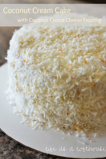 This Coconut Cream Cake with Cream Cheese Frosting is a delicious, moist cake with two cake layers covered in a silky smooth frosting. Life-in-the-Lofthouse.com