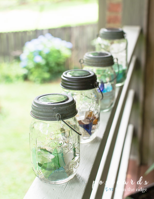mason jar lanterns with solar powered lids and sea glass