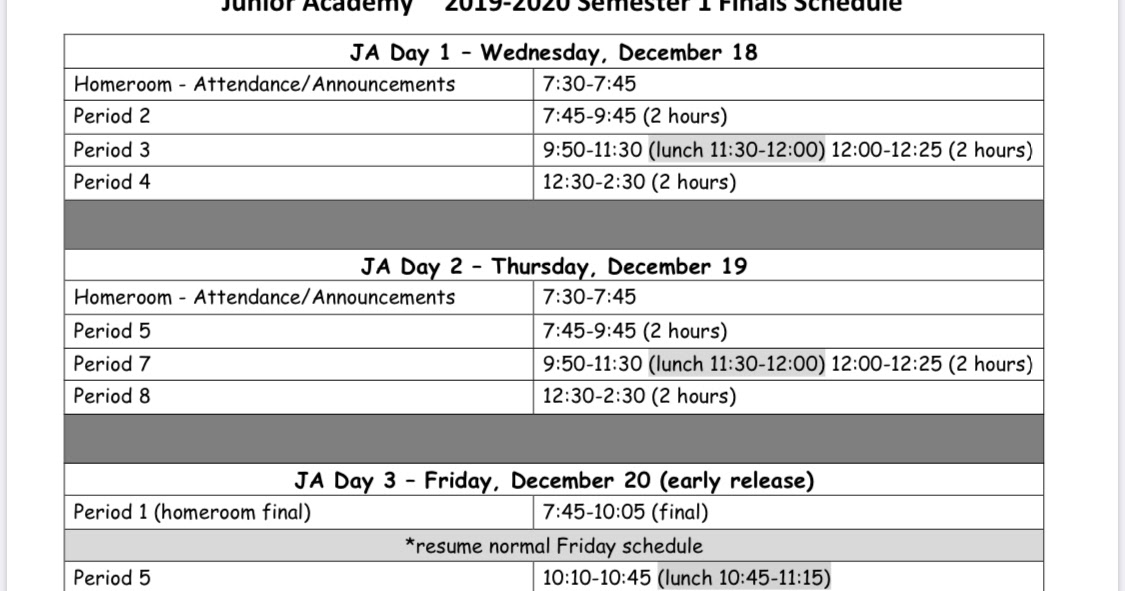 Mrs. Nash's Blog Semester 1 Finals Schedule