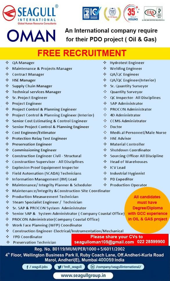 LARGE NUMBER OF JOB VACANCIES IN PDO OIL & GAS PROJECT IN OMAN APPLY NOW