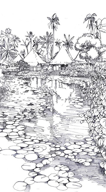 sketsa gambar pemandangan desa