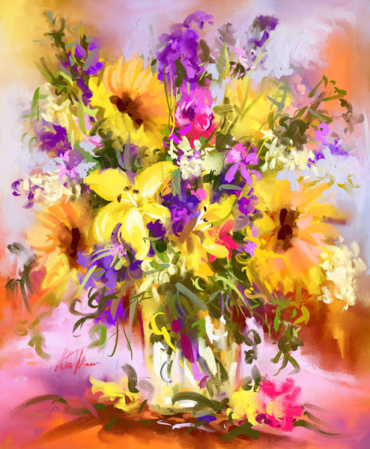 Yellow bouquet digital still life painting by Mikko Tyllinen